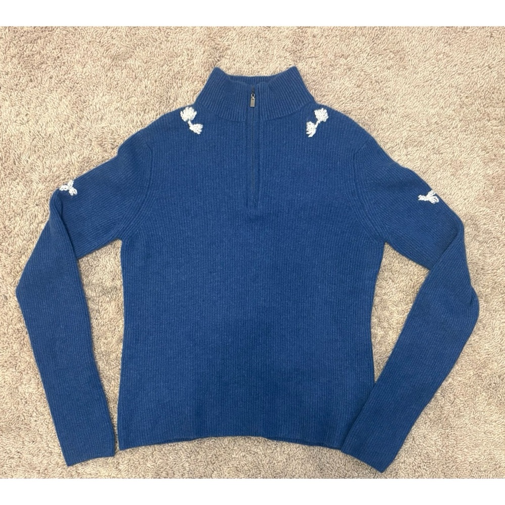 Kinross Cashmere Saphire Blue with White Bow Details 100%Cashmere Sweater Size M